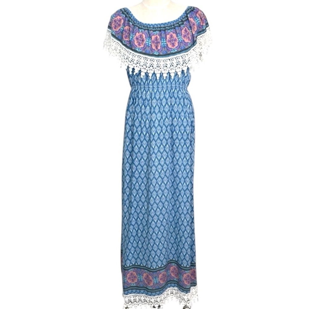 Freeway Boho Blue Maxi Dress Crochet Lace Trim Festival Size L